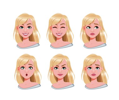 Güzel sarışın kadının yüz ifadeleri. Farklı kadın duyguları. Güzel kadın çizgi film karakteri. Vektör illüstrasyonu beyaz arkaplanda izole edildi.