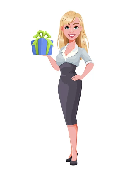Femme Affaires Tenant Boîte Cadeau Belle Femme Affaires Personnage Dessin — Image vectorielle