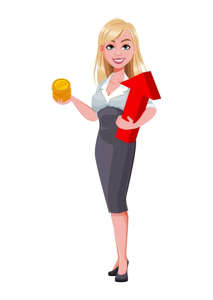 Femme Affaires Tenant Bitcoins Flèche Belle Femme Affaires Personnage Dessin — Image vectorielle