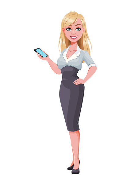 Business woman holding smartphone. Beautiful businesswoman cartoon character. Vector illustration on white background