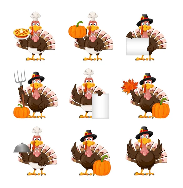 Feliz Día Acción Gracias Divertido Personaje Dibujos Animados Thanksgiving Turquía — Vector de stock