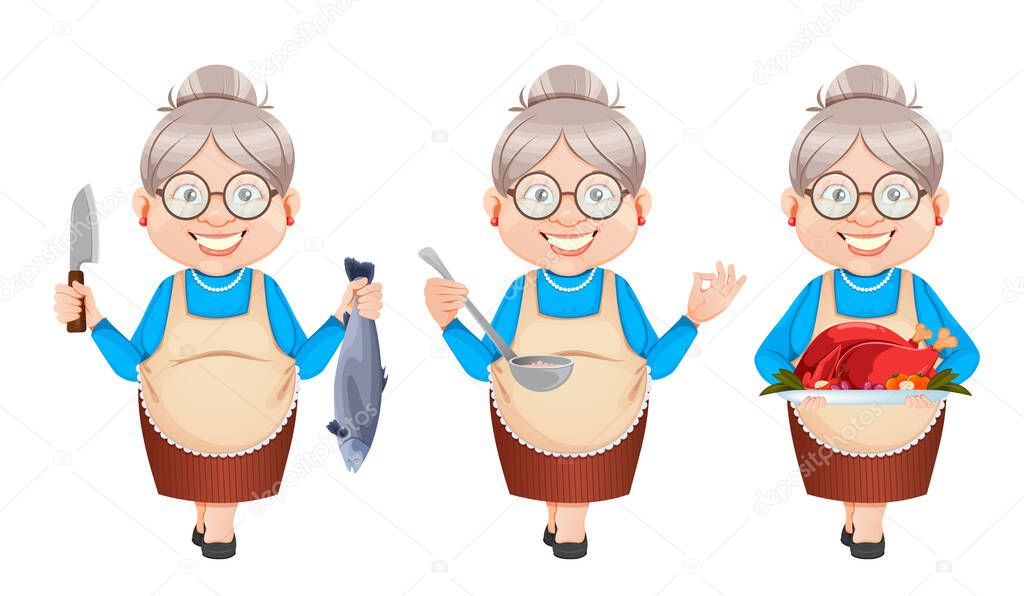 Grandma cartoon character, set of three poses. 8 March, Happy Grandparents Day. Old cute woman. Vector illustration
