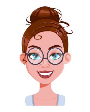 Hisse senedi. Gözlüklü güzel bir kadının yüz ifadesi, neşeli. Kadınsal duygular. Düz stil, sevimli çizgi film karakteri. Vektör illüstrasyonu