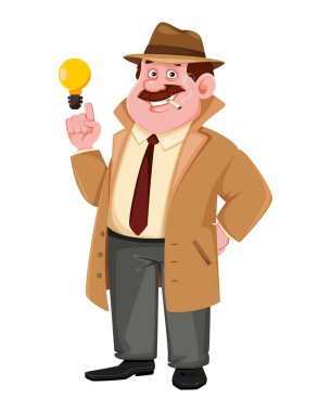 Hisse senedi vektörü dedektifinin parlak bir fikri var. Dedektif çizgi film karakteri. Vektör illüstrasyonu.