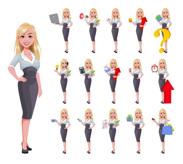 Business Woman Set Sixteen Poses Beautiful Businesswoman Cartoon Character Vector — Stock Vector