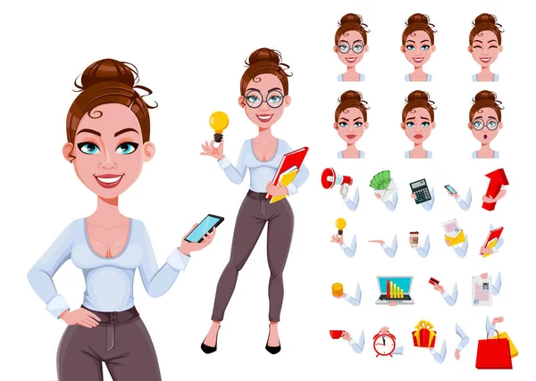 Vector Acciones Hermosa Mujer Negocios Moderna Personaje Dibujos Animados Estilo — Vector de stock