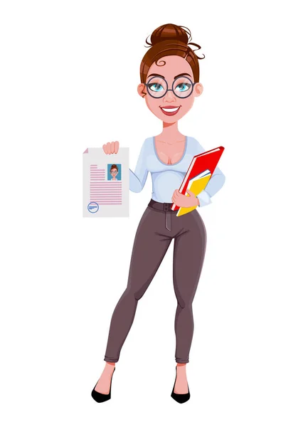 Stock Vector Young Beautiful Business Woman Holds Resume Documents Cute — Stock Vector