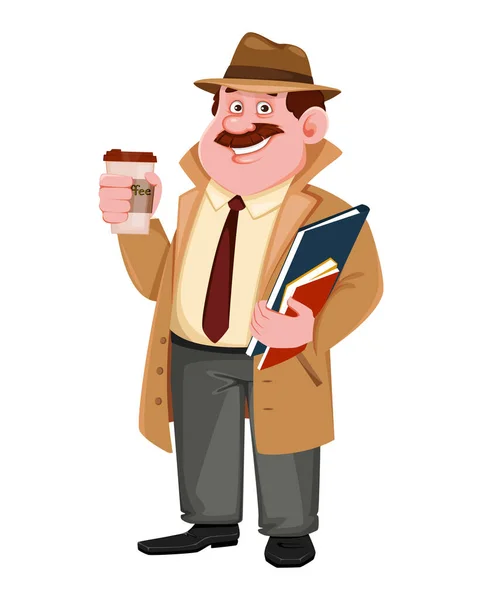 Stock Vector Detective Carácter Tener Descanso Café Personaje Dibujos Animados — Vector de stock