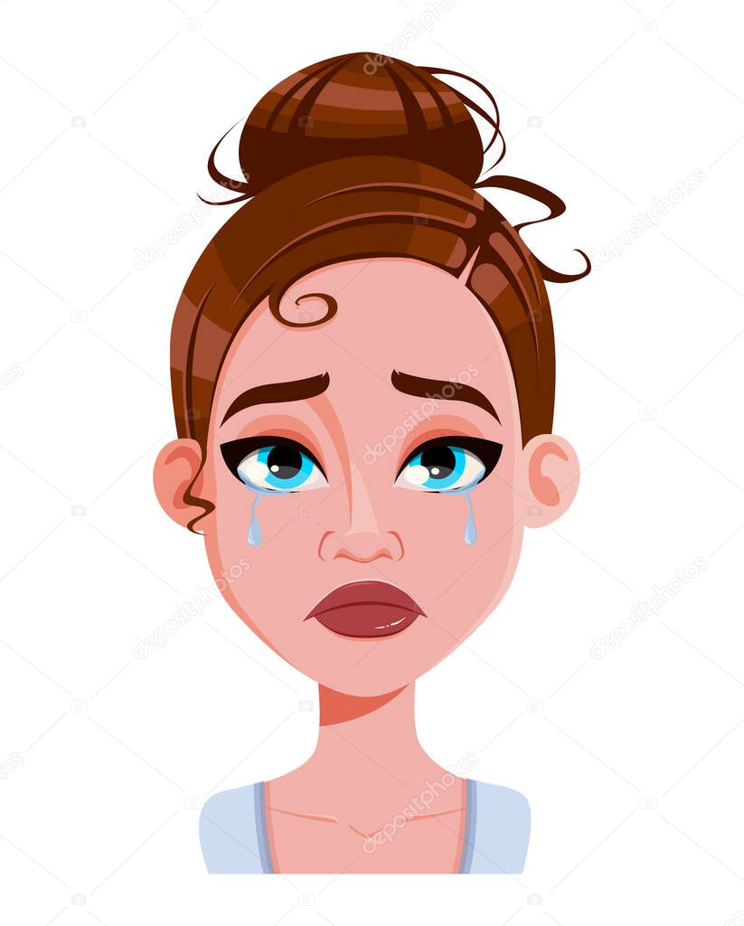Stock vector. Face expression of beautiful woman, crying. Female emotion. Cute cartoon character in flat style. Vector illustration