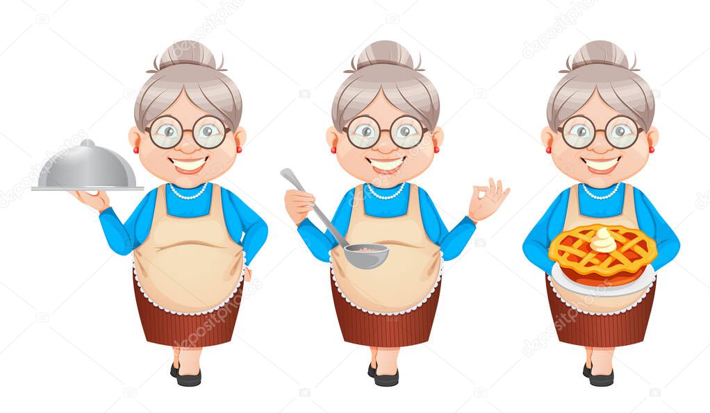 Grandma cartoon character preparing food, set of three poses. 8 March, Happy Grandparents Day. Old cute woman. Vector illustration