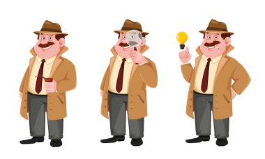 Üç pozdan oluşan hisse senedi dedektifi karakteri. Dedektif çizgi film karakteri. Vektör illüstrasyonu beyazda izole edildi
