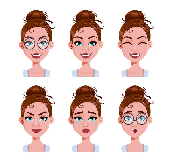 Vector Acciones Expresiones Faciales Mujer Con Cabello Castaño Diferentes Emociones — Vector de stock