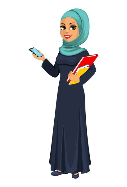 Vecteur Stock Arabe Femme Affaires Tenant Smartphone Belle Femme Affaires — Image vectorielle
