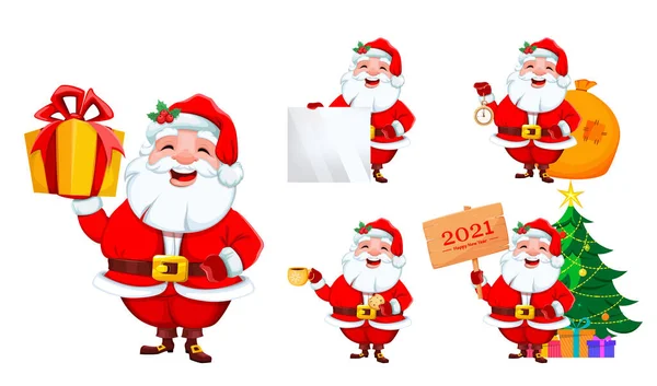 Hisse Senedi Temsilcisi Neşeli Noel Baba Beş Poz Mutlu Noeller — Stok Vektör