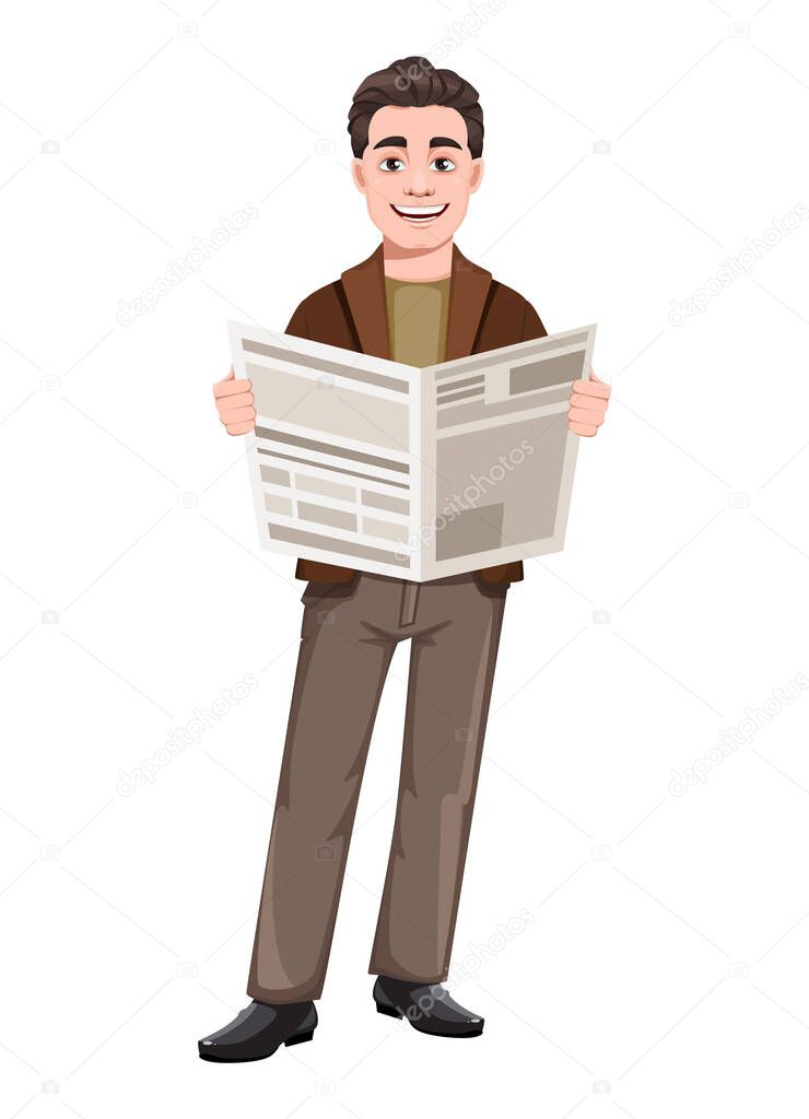 Stock vector businessman cartoon character in flat style. Young handsome business man holding newspaper. Vector illustration