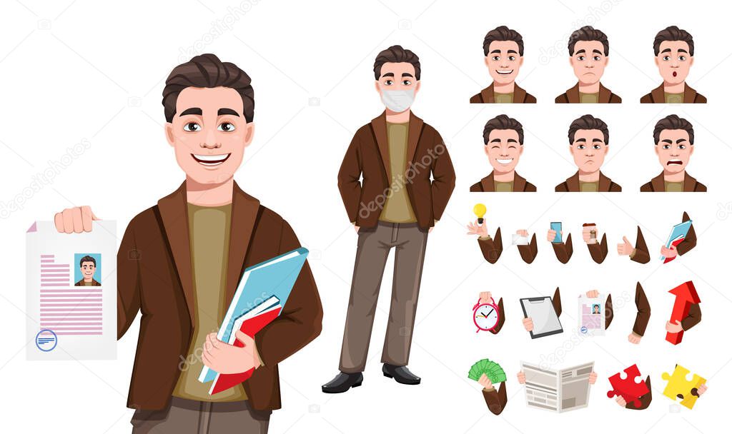 Stock vector businessman cartoon character in flat style, pack of body parts, emotions and things. Young handsome business man. Vector illustration