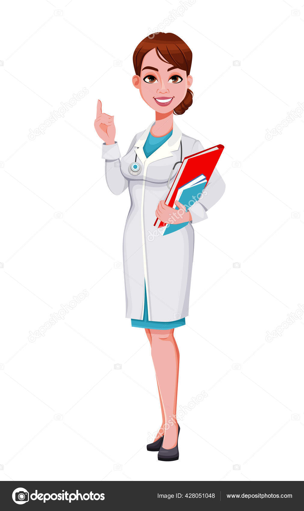 Mulher Do Doutor No Vestido Médico Com Estetoscópio Caráter Bonito