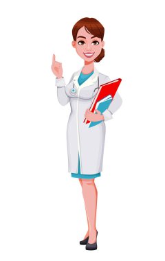 Stock vektörü, neşeli doktor çizgi film karakteri. Elinde belgeler tutan güzel genç bir kadın doktor. Vektör illüstrasyonu