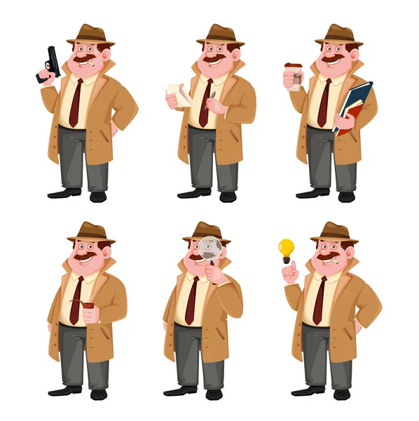 Stock Vector Detective Carácter Conjunto Seis Poses Personaje Dibujos Animados — Archivo Imágenes Vectoriales