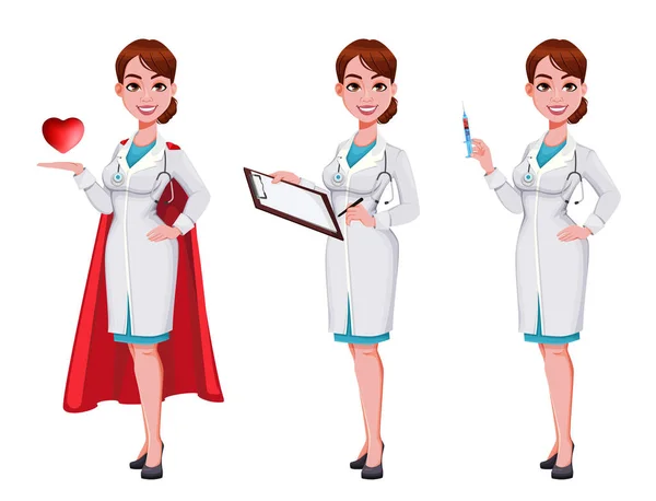 Stock Vector Alegre Personaje Dibujos Animados Médico Conjunto Tres Poses — Archivo Imágenes Vectoriales