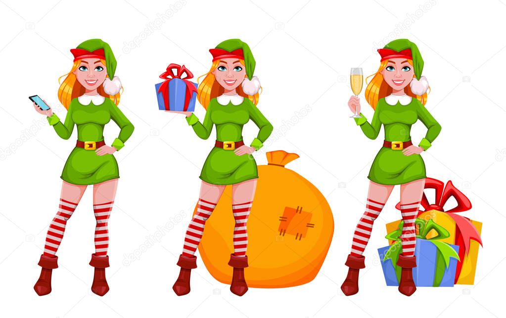 Stock vector Christmas lady elf cartoon character, set of three poses. Merry Christmas and Happy New Year. Santa helper elf woman. Vector illustration