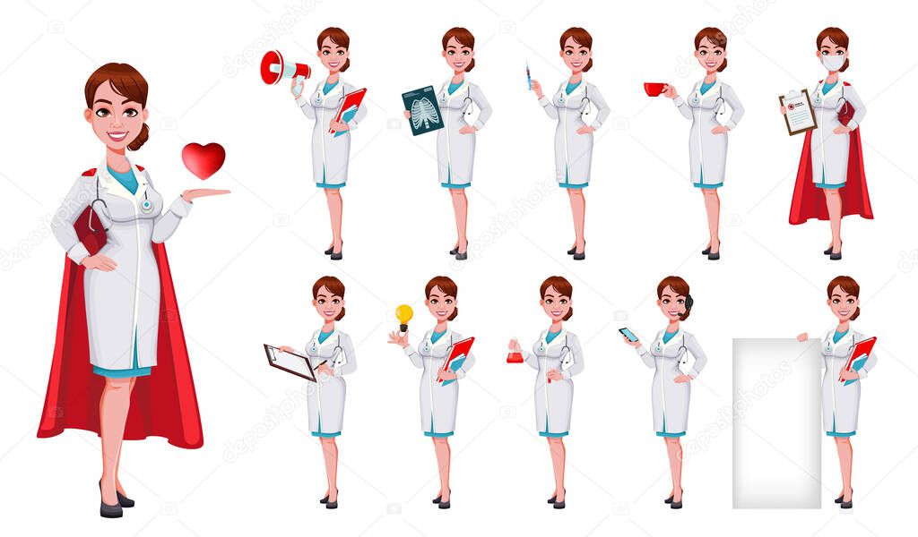 Stock vector cheerful doctor cartoon character, set of eleven poses. Beautiful young woman doctor. Vector illustration