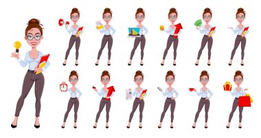 Hisse senedi. Düz stil içinde güzel, modern iş kadını çizgi film karakteri, on üç poz seti. Şirin bir iş kadını. Vektör illüstrasyonu 