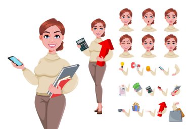 Hisse senedi. Genç ve güzel bir iş kadını. Güzel iş kadını çizgi film karakteri düz stil, vücut parçaları, duygular ve diğer şeyler. Vektör illüstrasyonu