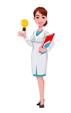 Stock vektörü, neşeli doktor çizgi film karakteri. Güzel genç bayan doktorun iyi bir fikri var. Vektör illüstrasyonu