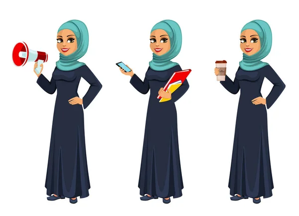 Stock Vector Arabic Business Woman Set Three Poses Beautiful Muslim — Stock Vector