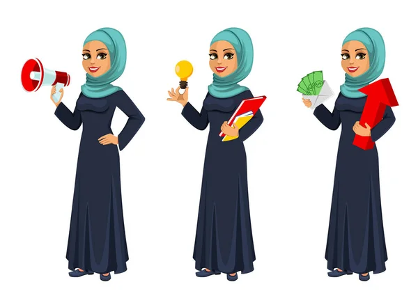 Arab Üzletasszony Három Pózban Vidám Muszlim Üzletasszony Rajzfilmfigura Lapos Stílusban — Stock Vector