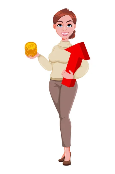 株式ベクトル ビットコインと赤い矢印を保持若い美しいビジネス女性 フラットスタイルでかなりビジネス女性漫画のキャラクター ベクターイラスト — ストックベクタ