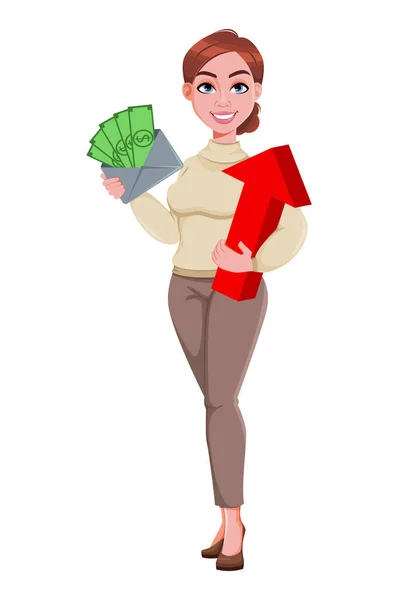 Stock Vector Young Beautiful Business Woman Holding Money Red Arrow — Stock Vector