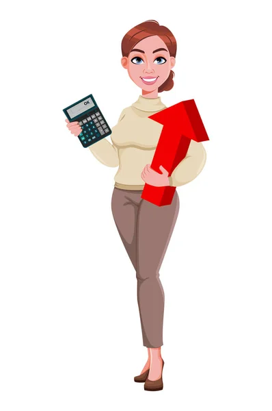 Vector Acciones Joven Mujer Negocios Hermosa Sosteniendo Calculadora Flecha Roja — Vector de stock