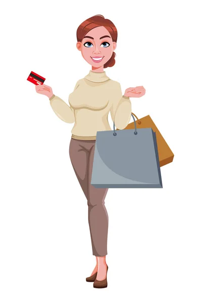 Stock Vector Young Beautiful Business Woman Goes Shopping Pretty Businesswoman — Stock Vector