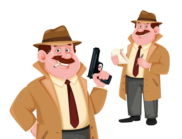 Stock Vector Detective Character Set Two Poses Investigator Cartoon Character — Stock Vector