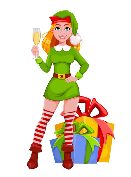 Stock Vector Christmas Lady Elf Cartoon Character Holding Glass Champagne — Stock Vector