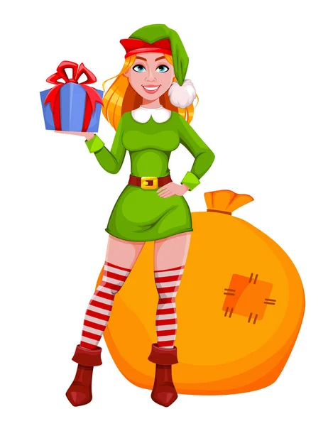 Stock Διάνυσμα Χριστούγεννα Κυρία Ξωτικό Χαρακτήρα Κινουμένων Σχεδίων Κρατώντας Κουτί — Διανυσματικό Αρχείο