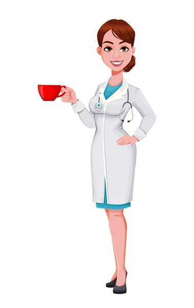 Stock Vector Alegre Personaje Dibujos Animados Médico Hermosa Joven Doctora — Archivo Imágenes Vectoriales