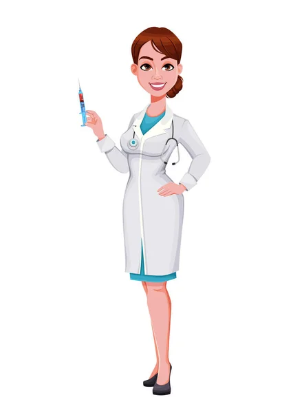 Stock Vector Alegre Personaje Dibujos Animados Médico Hermosa Joven Doctora — Archivo Imágenes Vectoriales