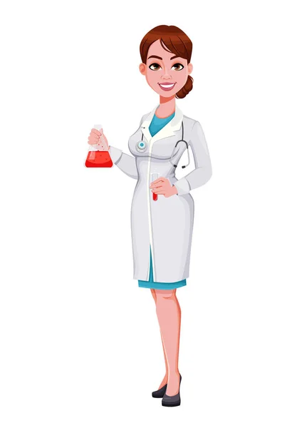 Stock Vector Vrolijke Arts Cartoon Karakter Mooie Jonge Vrouw Dokter — Stockvector