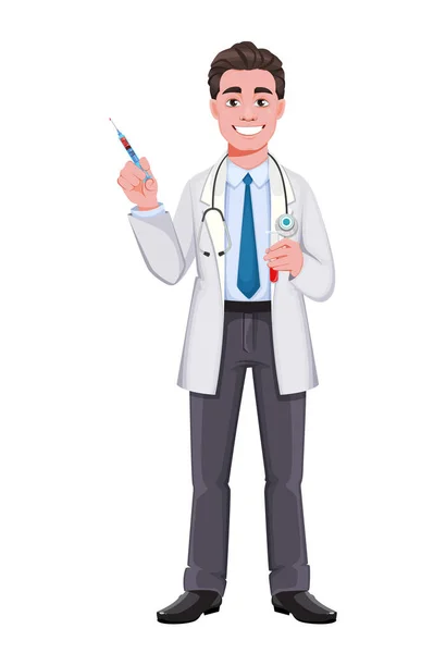 Stock Vector Cheerful Doctor Cartoon Character Handsome Male Doctor Holding — Stock Vector