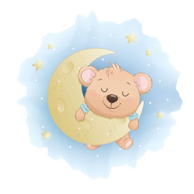 Hisse senedi. Ay 'da uyuyan sevimli küçük ayı. Komik çizgi film karakteri. Vektör illüstrasyonu