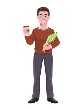 Hisse senedi temsilcisi başarılı bir iş adamı elinde bir fincan kahve tutuyor. Menajer karakter tasarımı. Düz biçim vektör illüstrasyonu