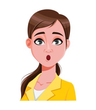 Hisse senedi. Güzel bir kadının yüz ifadesi, şaşırmış. Kadınsal duygular. Düz stil, sevimli çizgi film karakteri. Vektör illüstrasyonu