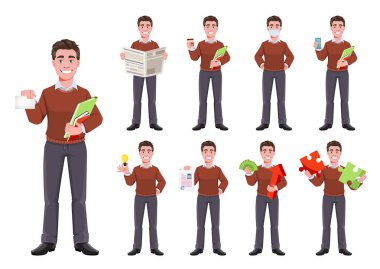 Hisse senedi temsilcisi başarılı bir iş adamı, dokuz pozdan oluşuyor. Menajer karakter tasarımı. Düz biçim vektör çizimi beyaz üzerine izole edildi