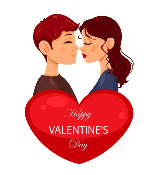 Gelukkige Valentijnsdag Wenskaart Romantisch Stel Achter Rood Hart Voorraadvector Illustratie — Stockvector