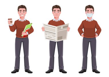 Hisse senedi vektörü başarılı iş adamı, üç pozdan oluşuyor. Menajer karakter tasarımı. Beyaz arkaplanda düz biçim vektör illüstrasyonu