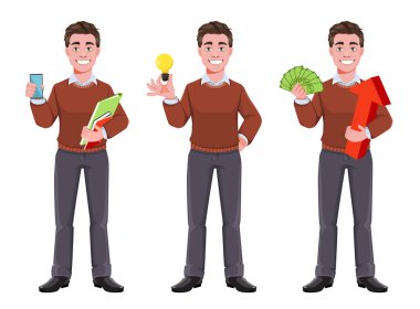 Hisse senedi vektörü başarılı iş adamı, üç pozdan oluşuyor. Menajer karakter tasarımı. Düz biçim vektör çizimi beyaz üzerine izole edildi