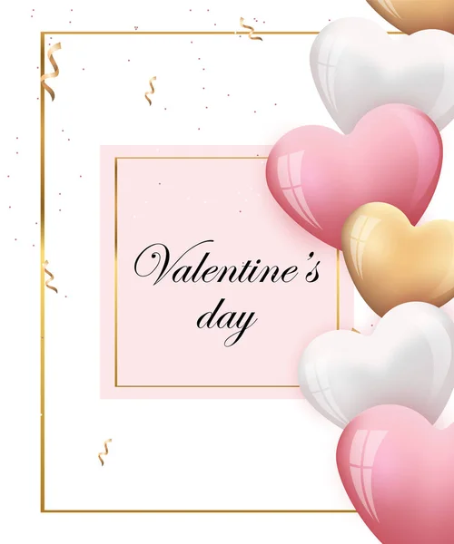 Dia Dos Namorados Cartão Saudação Com Corações Rosa Branco Dourado —  Vetores de Stock